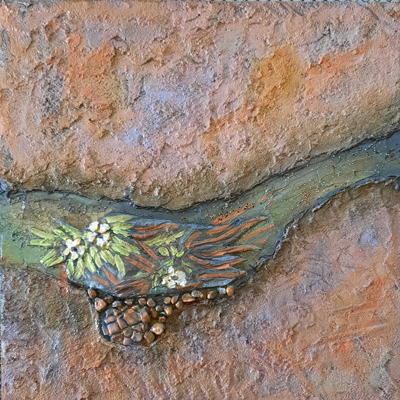 In the high altitudes of the Rocky Mountains (over 13,000 feet), life is stubborn but persists in even the smallest spaces like this crack in a granite boulder.

Highly textured mixed media piece using acrylic paints, air-dried clay, small pebbles and common construction materials like stucco patch and spackle. Although inspired by nature, they take on a life of their own. 
